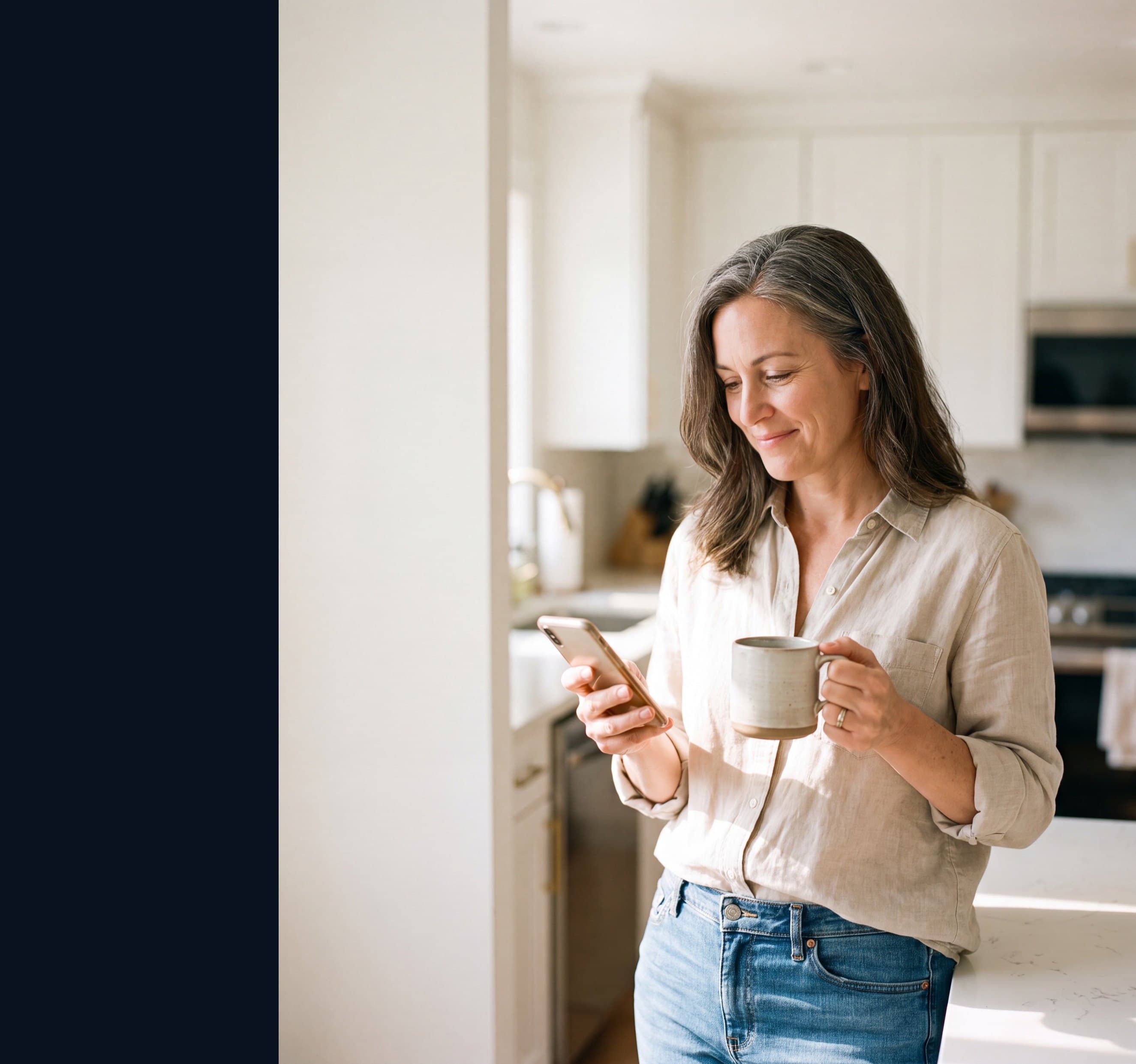 A woman at home checking her unified health records in the Arxova app over morning coffee