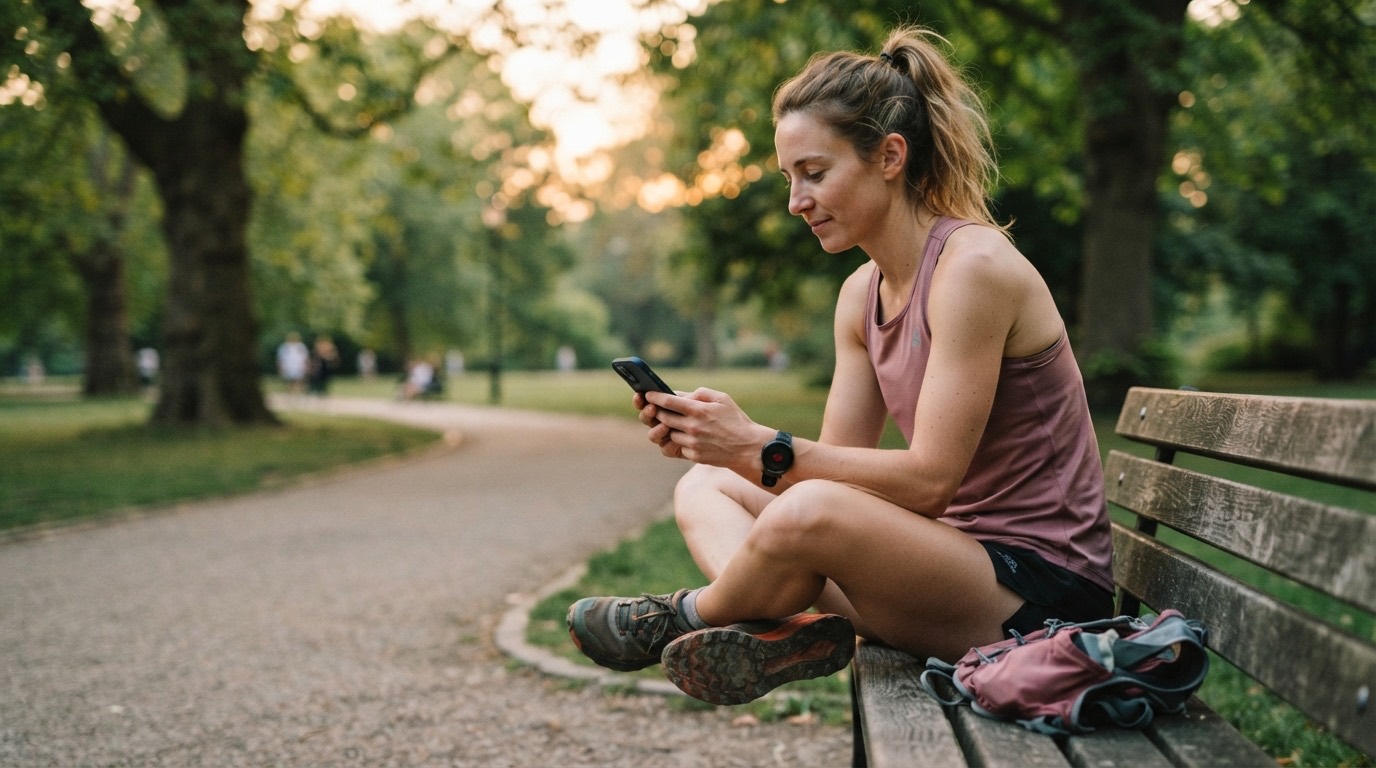 A runner sits on a park bench reviewing her health data on her phone with a watch on her wrist