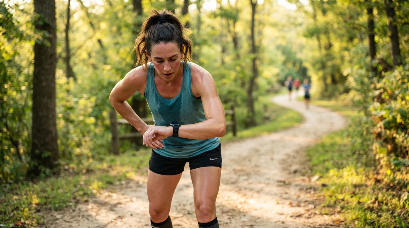A runner pauses on a wooded trail to check her heart rate on her watch just after finishing