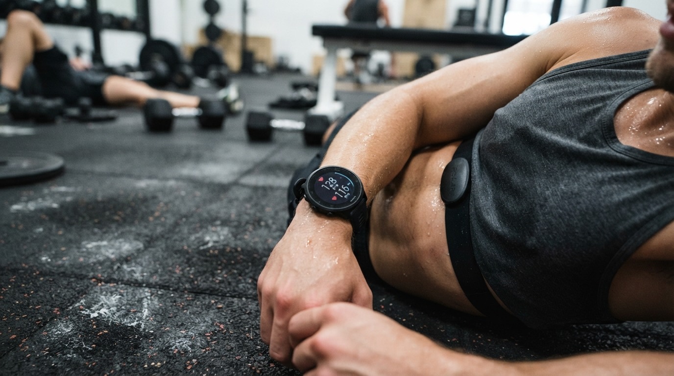 An athlete rests on the gym floor after a workout, heart rate showing on a watch and chest strap