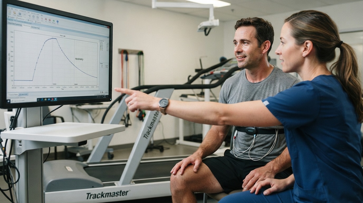 A clinician points to a heart rate recovery curve on a treadmill stress-test screen
