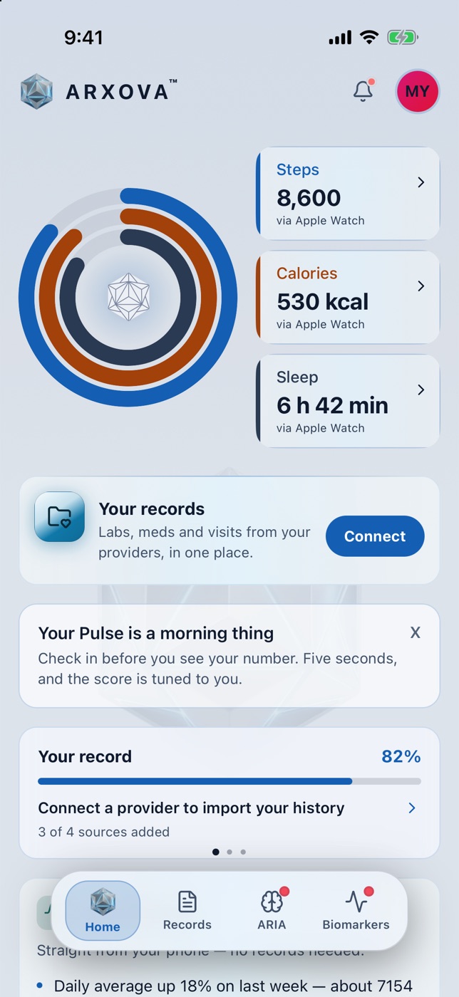 The Arxova app home screen