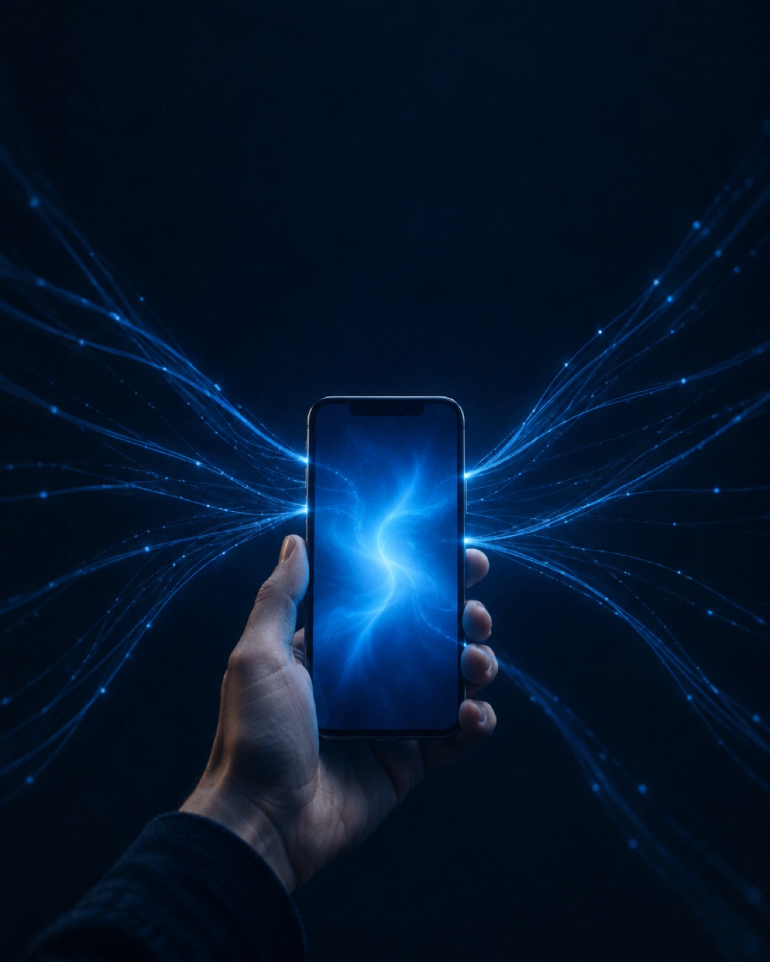A phone held in one hand, with streams of light from many directions converging into it