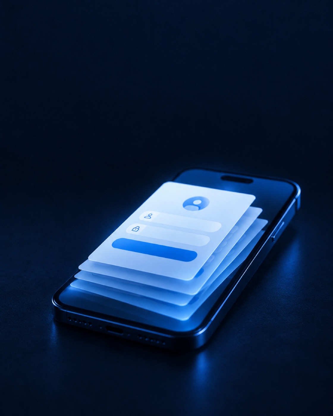 A phone with a stack of separate sign-in screens layered on top of it