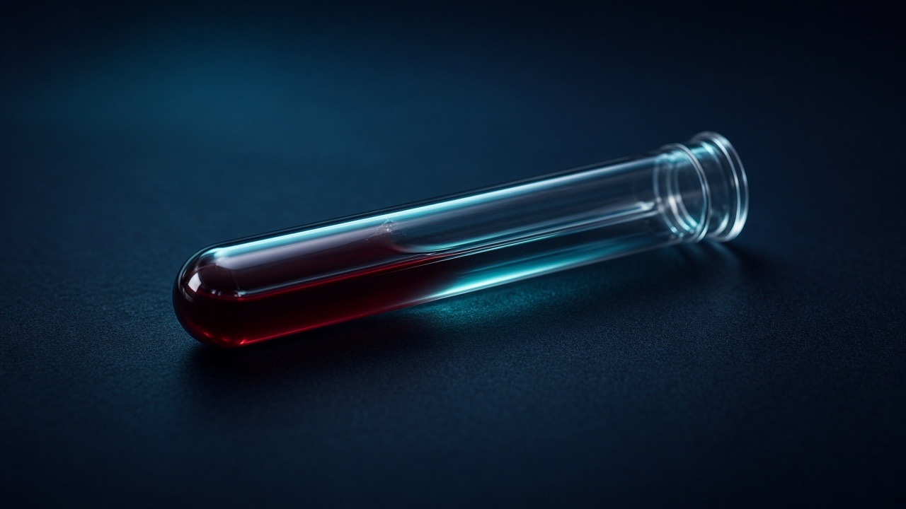 Glass blood collection tube on a dark clinical surface