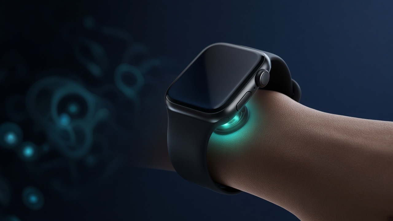 Smartwatch sensor glowing teal on a wrist — denser consumer health capture