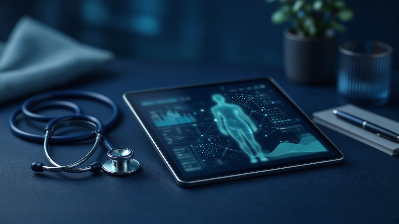 Stethoscope beside a tablet showing calm clinical health data visuals