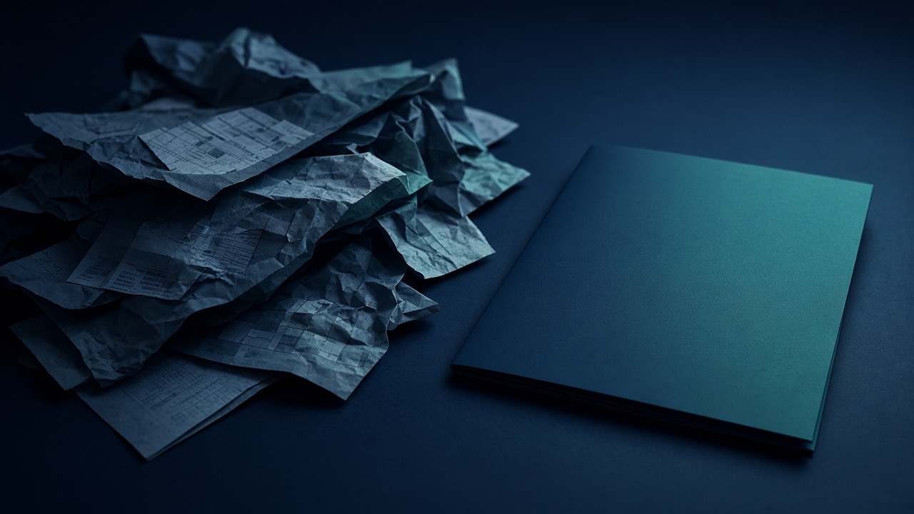 Scattered crumpled records beside one clean folder — the copy you still do not hold