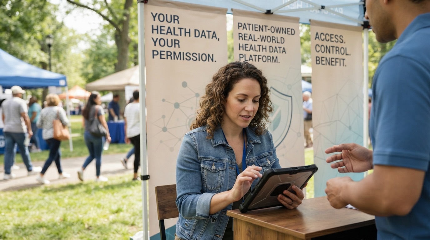 A person enrolls on a tablet at an Arxova community booth reading 'Your health data, your permission'