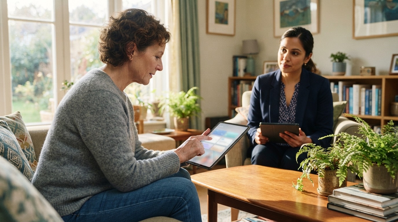 A woman reviews her own health records on a tablet at home while a health advisor looks on
