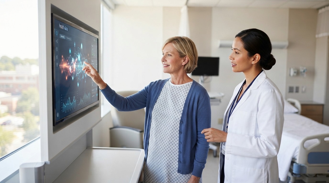A patient and clinician review a health data dashboard on a wall display in a hospital room